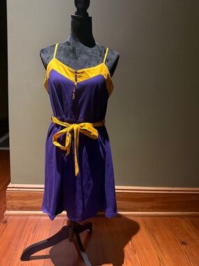 Purple and Yellow Spaghetti Strap Dress with Waist Tie